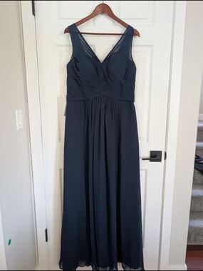 Azazie Navy Chiffon V-Neck Ruched Dress
